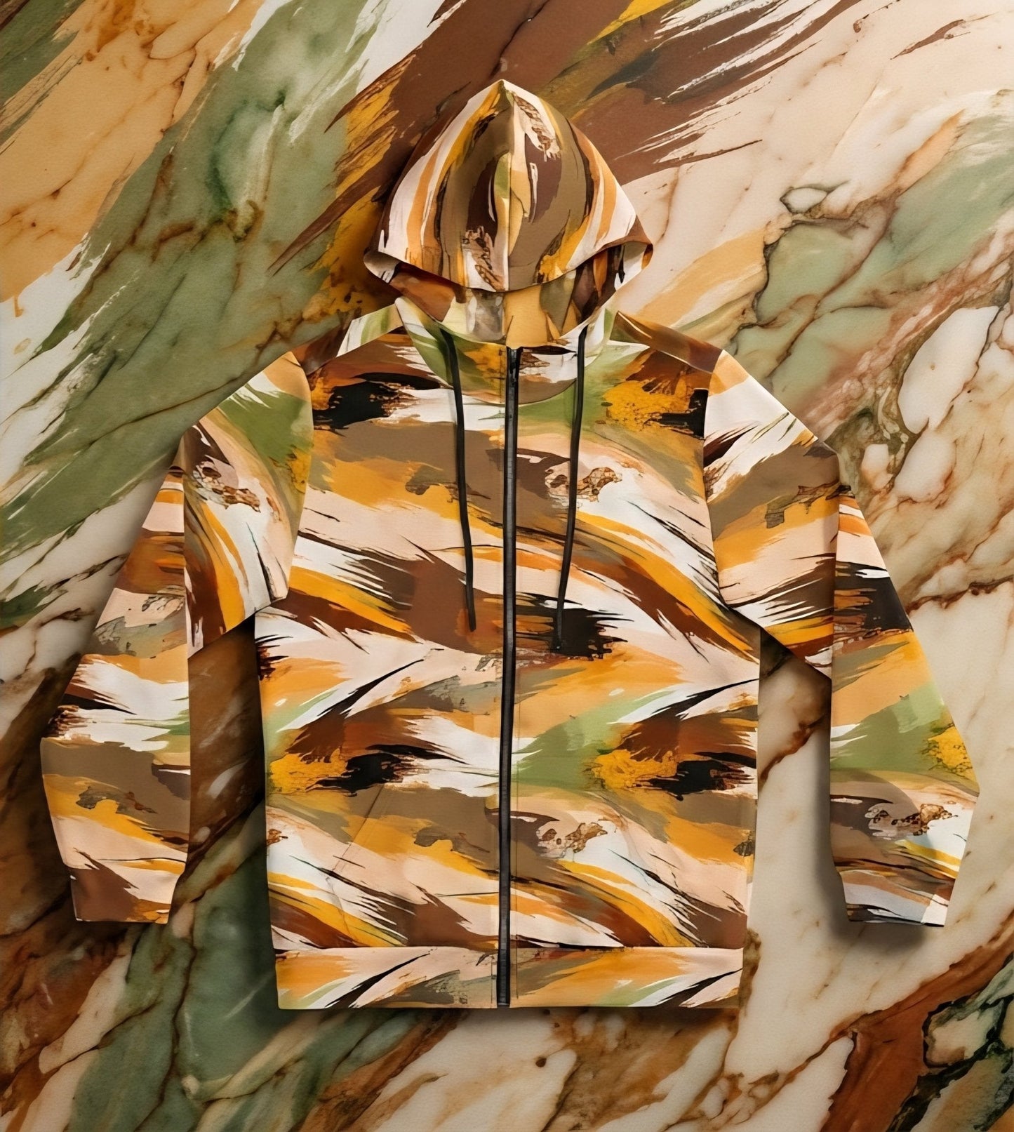 Maximalist Fall Zip Hoodie for Aesthetic Dressers — Abstract Autumn Brushstroke AOP, Earthy Statement Outerwear, Cozy Art-Forward Streetwear