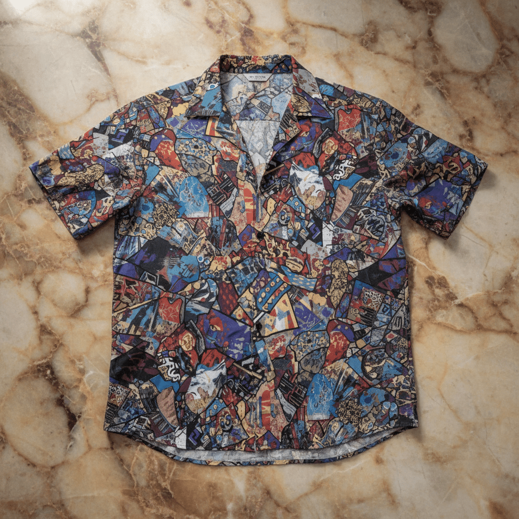 Maximalist Hawaiian Shirt for Art-Literate Dressers — Abstract Patchwork AOP Button-Up, Summer Festival Top, Intricate Print Menswear