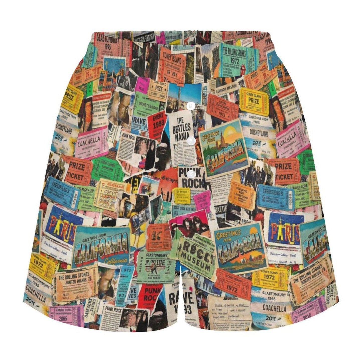 Maximalist Lounge Shorts for WFH Self-Expressers — Ticket Nation AOP Sleep Shorts, Aesthetic Pajama Wear, Inclusive Plus Size Loungewear