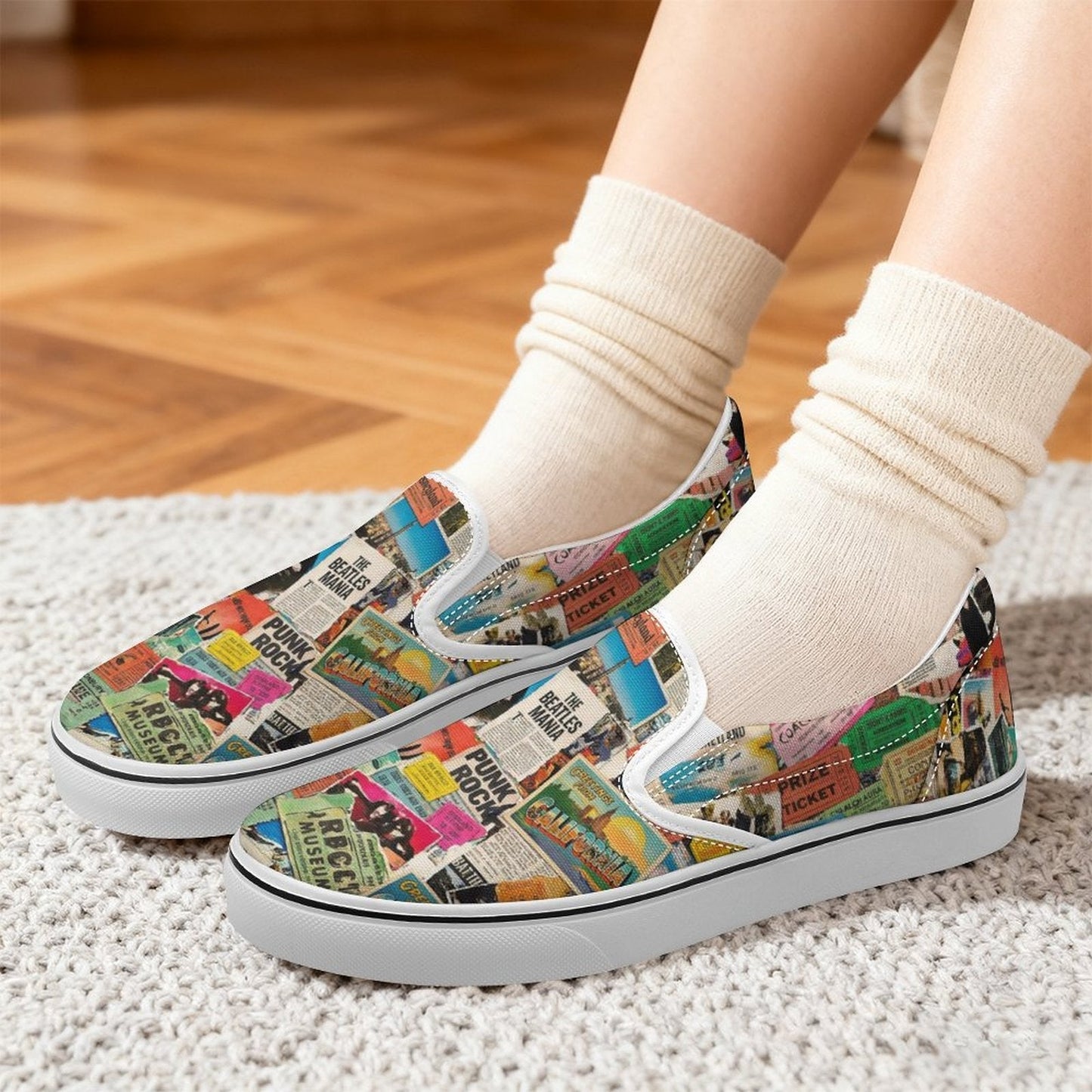 Maximalist Slip-On Shoes for Art-First Dressers — Multipass AOP Canvas Sneakers, Wearable Art Footwear, Unisex Statement Shoes, Streetwear Slip-Ons