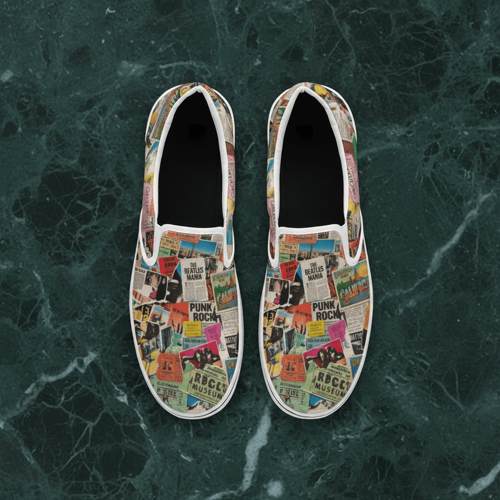 Maximalist Slip-On Shoes for Art-First Dressers — Multipass AOP Canvas Sneakers, Wearable Art Footwear, Unisex Statement Shoes, Streetwear Slip-Ons