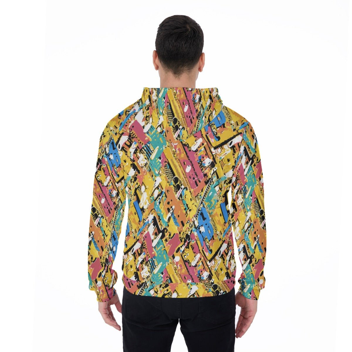 Maximalist Zip-Up Hoodie for Nostalgia-Core Dressers — Toybox Entropy AOP Micro Fleece, Festival Streetwear, Geometric Print Statement