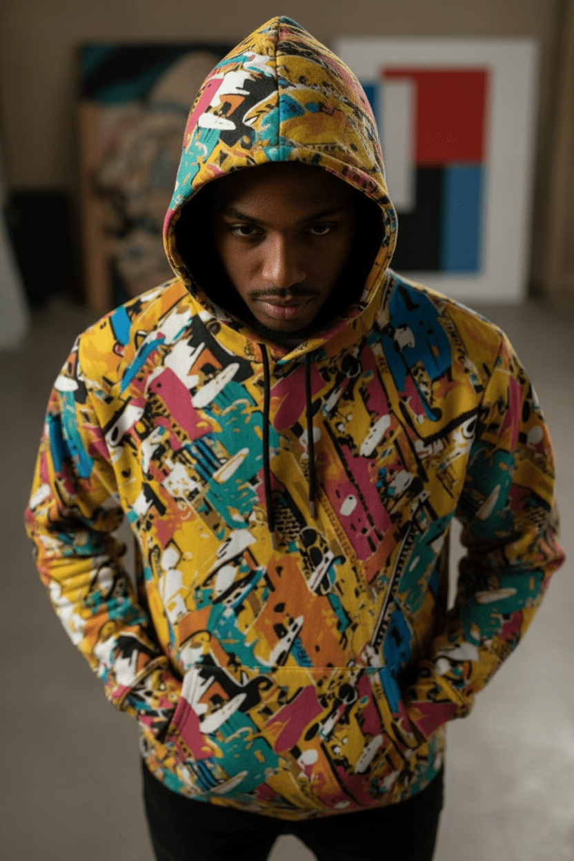 Maximalist Zip-Up Hoodie for Nostalgia-Core Dressers — Toybox Entropy AOP Micro Fleece, Festival Streetwear, Geometric Print Statement