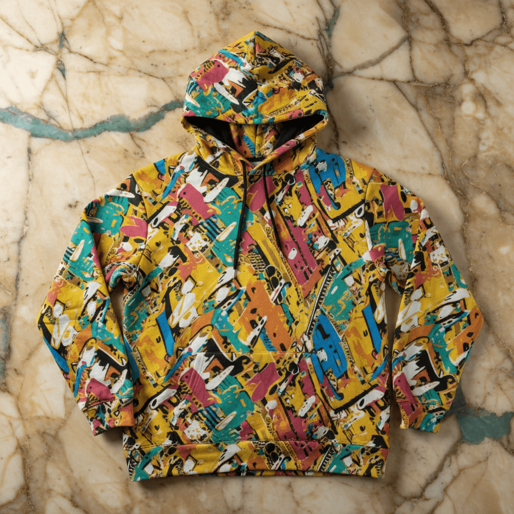 Maximalist Zip-Up Hoodie for Nostalgia-Core Dressers — Toybox Entropy AOP Micro Fleece, Festival Streetwear, Geometric Print Statement