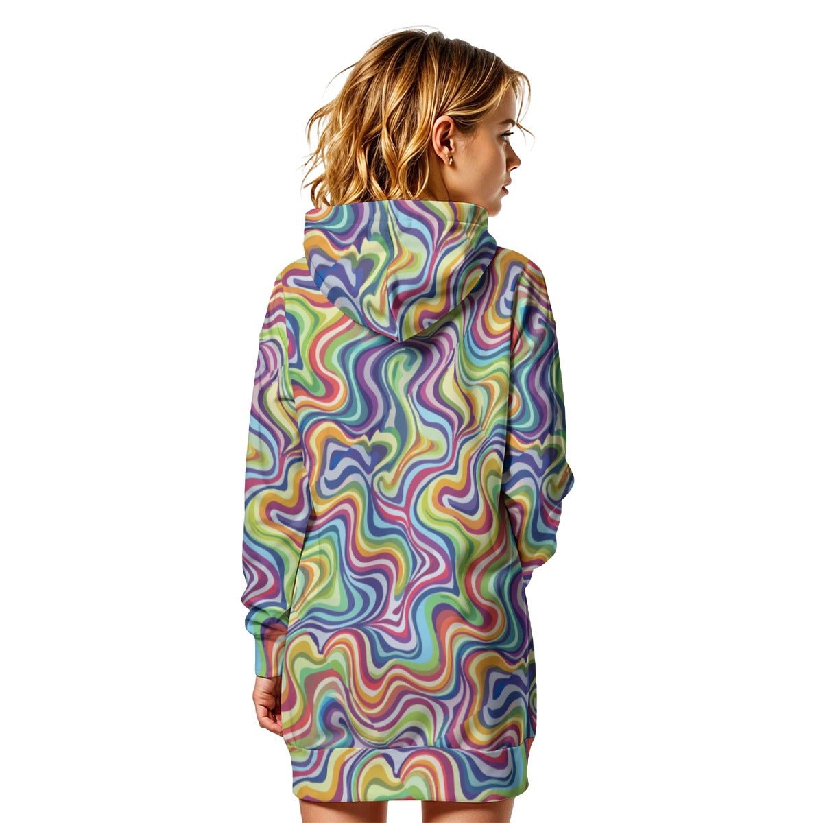 Melted Rainbow Longline Hoodie — Liquid Swirl AOP Heavy Fleece Tunic for Psychedelic Loungewear Collectors