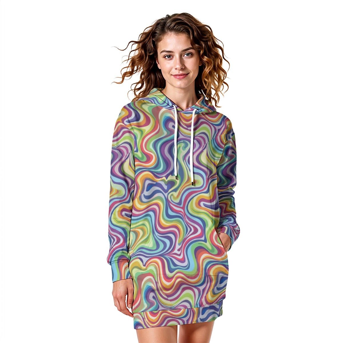 Melted Rainbow Longline Hoodie — Liquid Swirl AOP Heavy Fleece Tunic for Psychedelic Loungewear Collectors