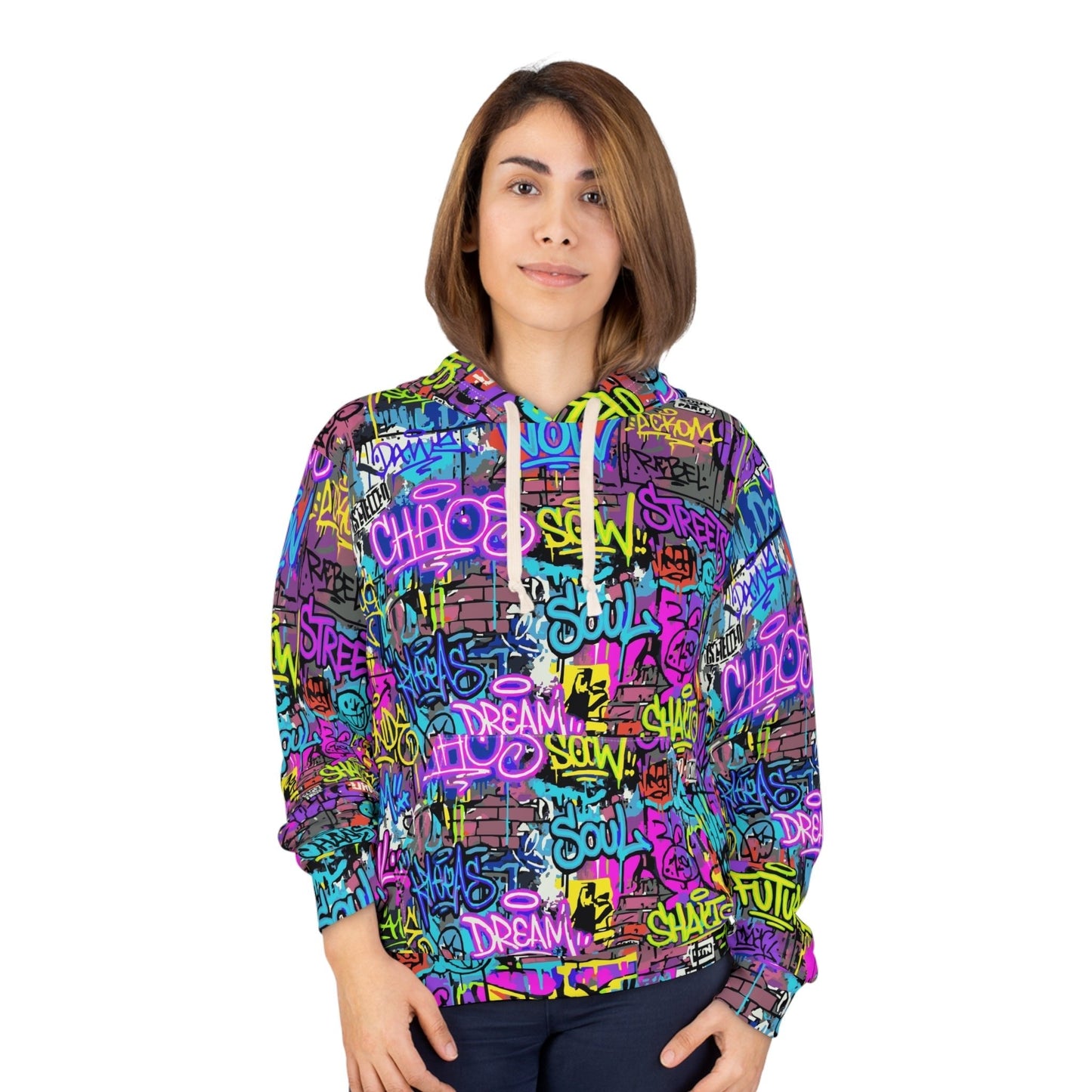 Men's All-Over Graffiti AOP Pullover Hoodie for Street Art Collectors — Bold Medium-Weight Comfort Fit, Assembled in USA