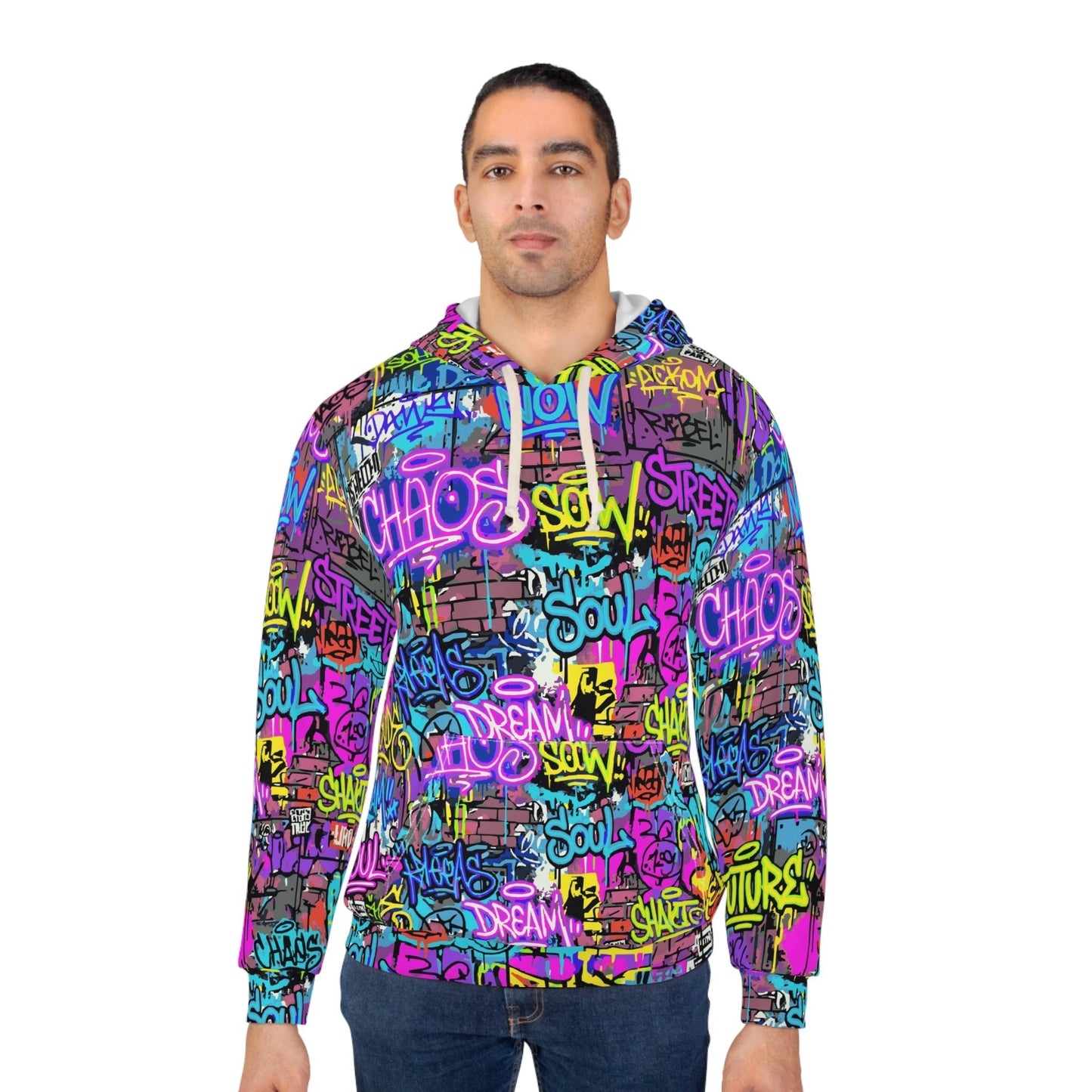 Men's All-Over Graffiti AOP Pullover Hoodie for Street Art Collectors — Bold Medium-Weight Comfort Fit, Assembled in USA