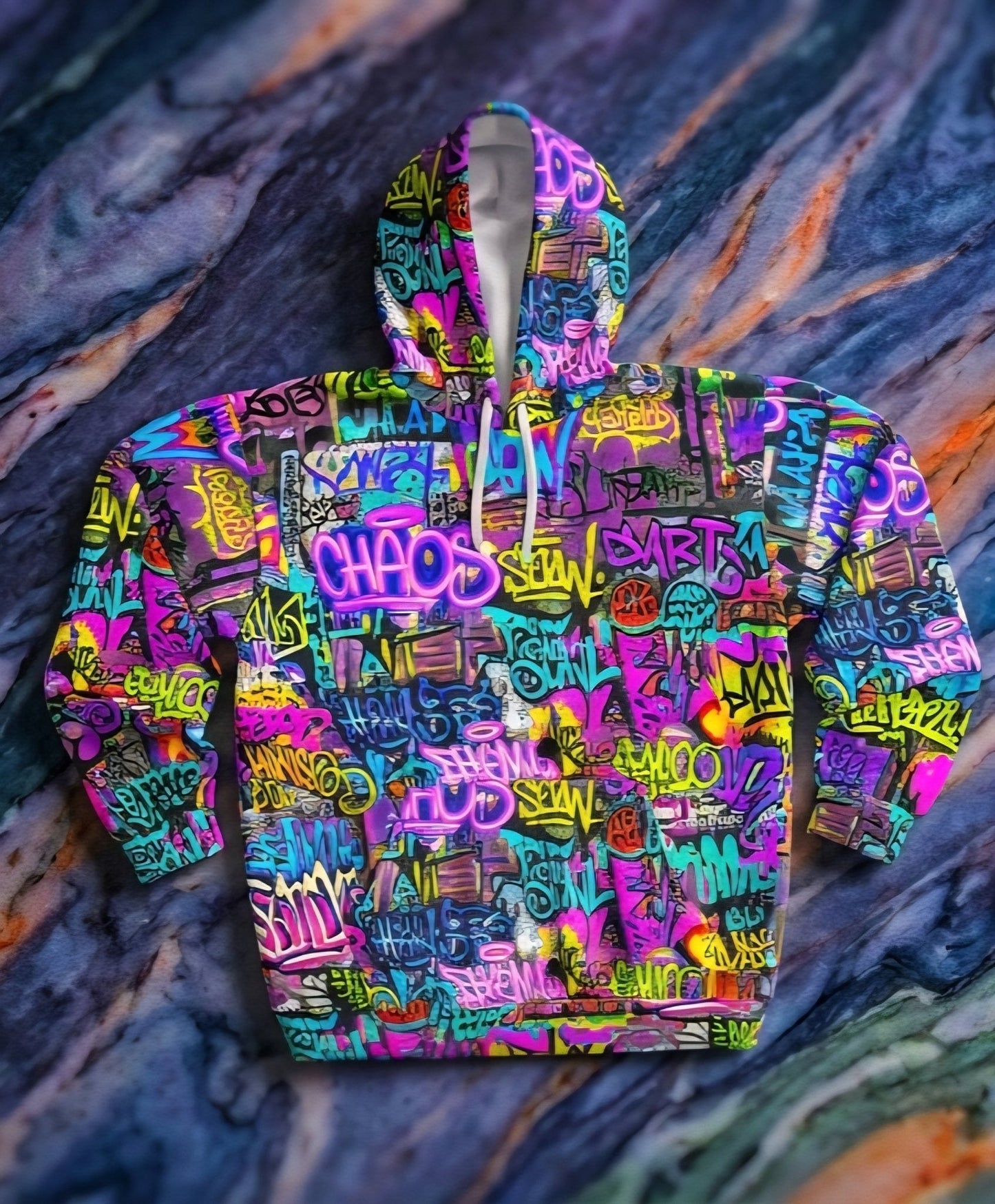 Men's All-Over Graffiti AOP Pullover Hoodie for Street Art Collectors — Bold Medium-Weight Comfort Fit, Assembled in USA