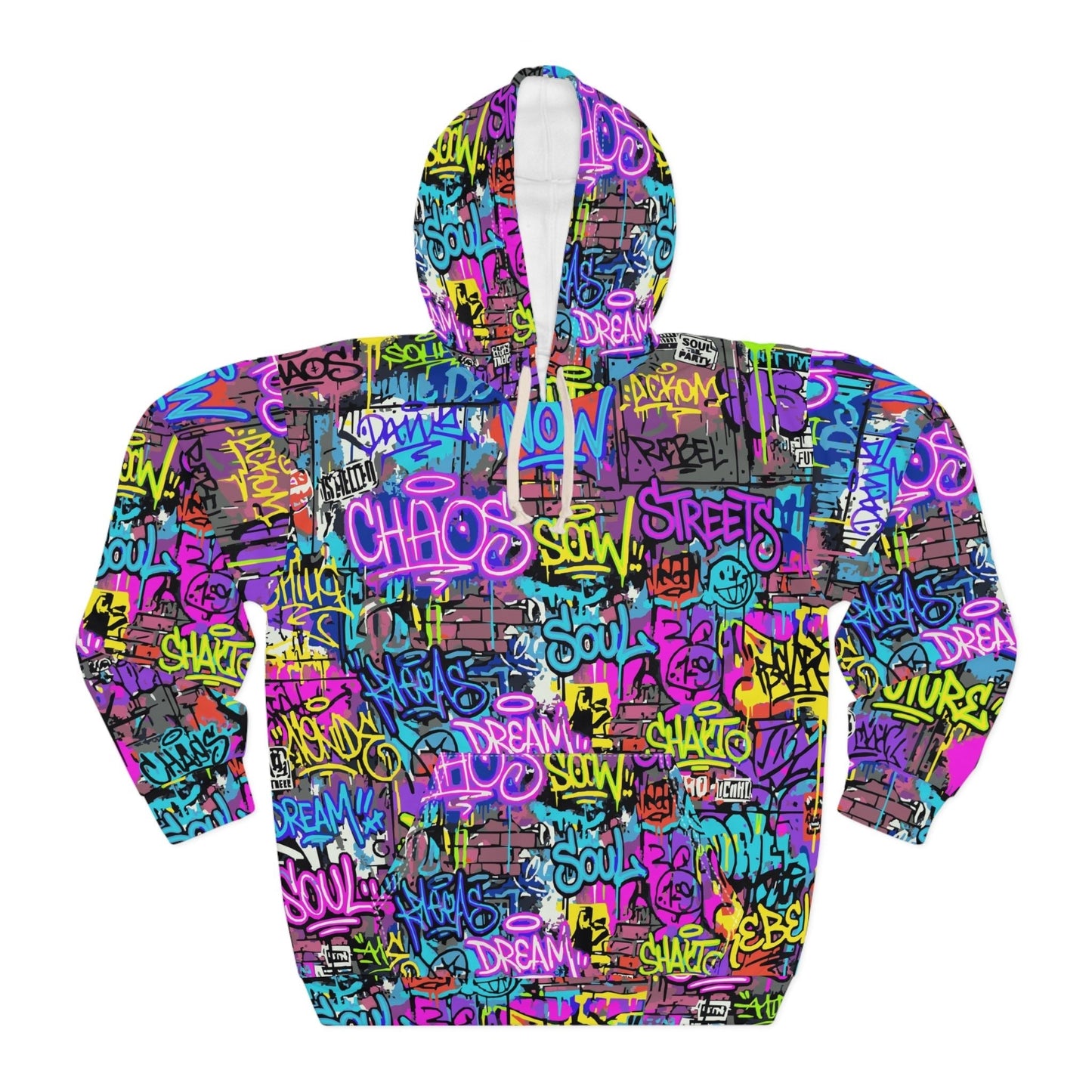 Men's All-Over Graffiti AOP Pullover Hoodie for Street Art Collectors — Bold Medium-Weight Comfort Fit, Assembled in USA