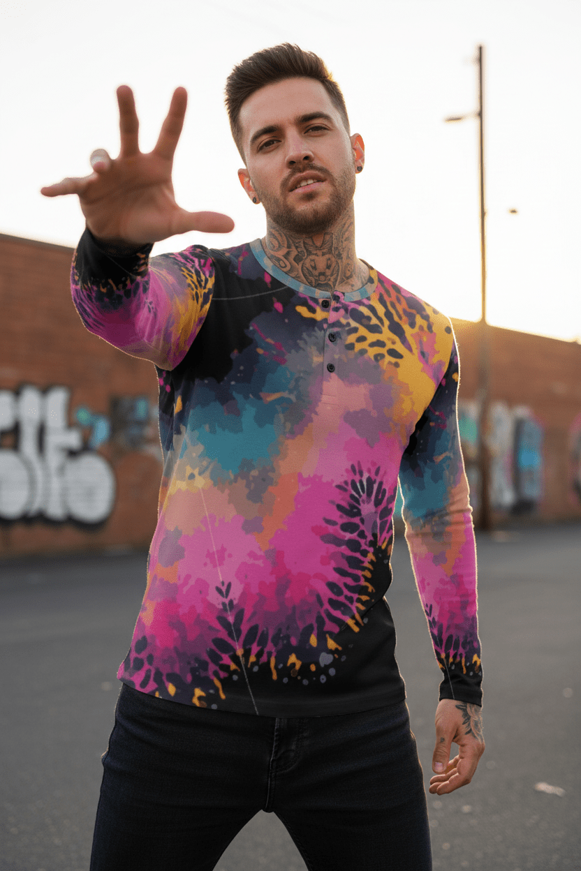 Men's Henley Shirt – Pink Black Liquid Grunge Art Long Sleeve Streetwear
