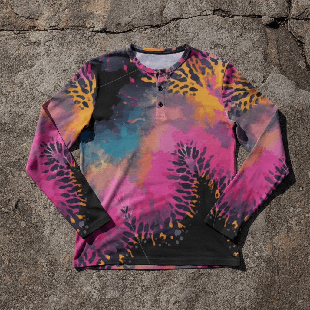 Men's Henley Shirt – Pink Black Liquid Grunge Art Long Sleeve Streetwear
