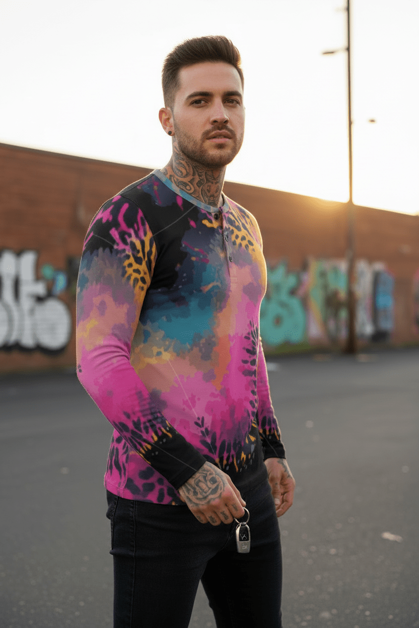 Men's Henley Shirt – Pink Black Liquid Grunge Art Long Sleeve Streetwear