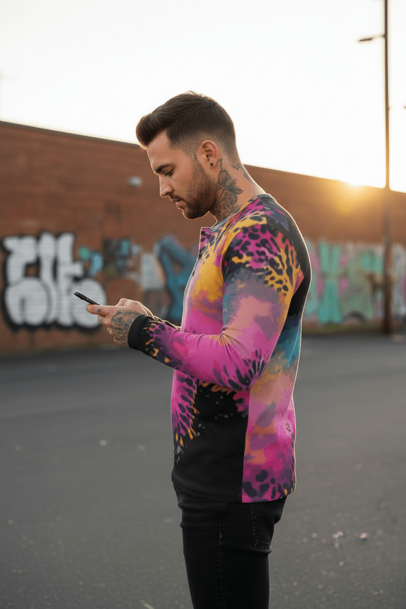 Men's Henley Shirt – Pink Black Liquid Grunge Art Long Sleeve Streetwear