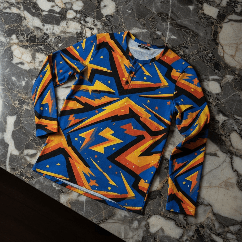Men's Lightning AOP Henley Shirt for Maximalist Cyberpunk Streetwear Dressers — Long Sleeve Bold Print Statement Top