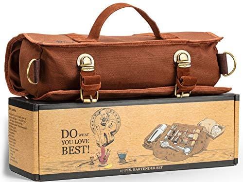 Travel Bartender Kit Bag | Professional 17-piece Copper Bar Tool Set with Stylish Portable Bar Bag and Shoulder Strap for Easy Carry and Storage | Best Rose Gold Travel Bar Set for Cocktail Making