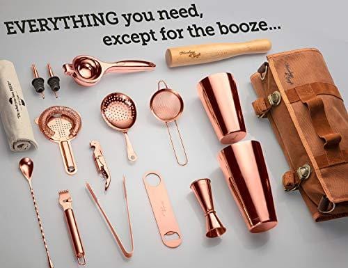 Travel Bartender Kit Bag | Professional 17-piece Copper Bar Tool Set with Stylish Portable Bar Bag and Shoulder Strap for Easy Carry and Storage | Best Rose Gold Travel Bar Set for Cocktail Making