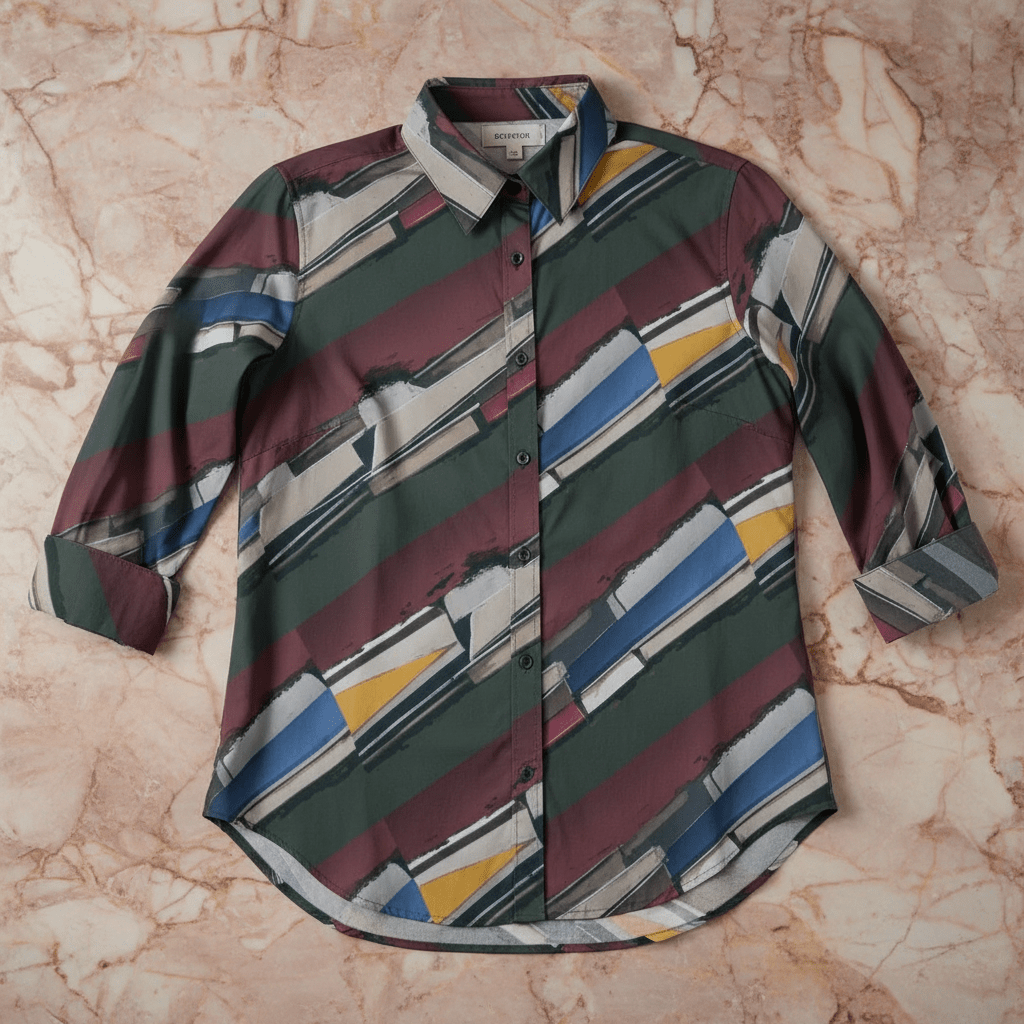 Modern Abstract Geometric Brushstroke Blouse for Earthy Jewel Tone Dressers — Dyles Mavis AOP Acid Marble Top, Chaos-Core Liquid Stretch Fashion