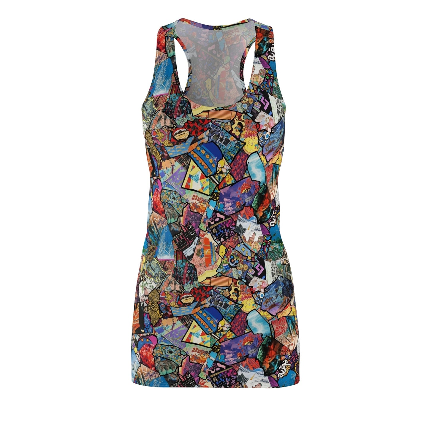 Mosaic Carnival Racerback Dress — Colorful Collage AOP Cut & Sew Bodycon for Festival Season