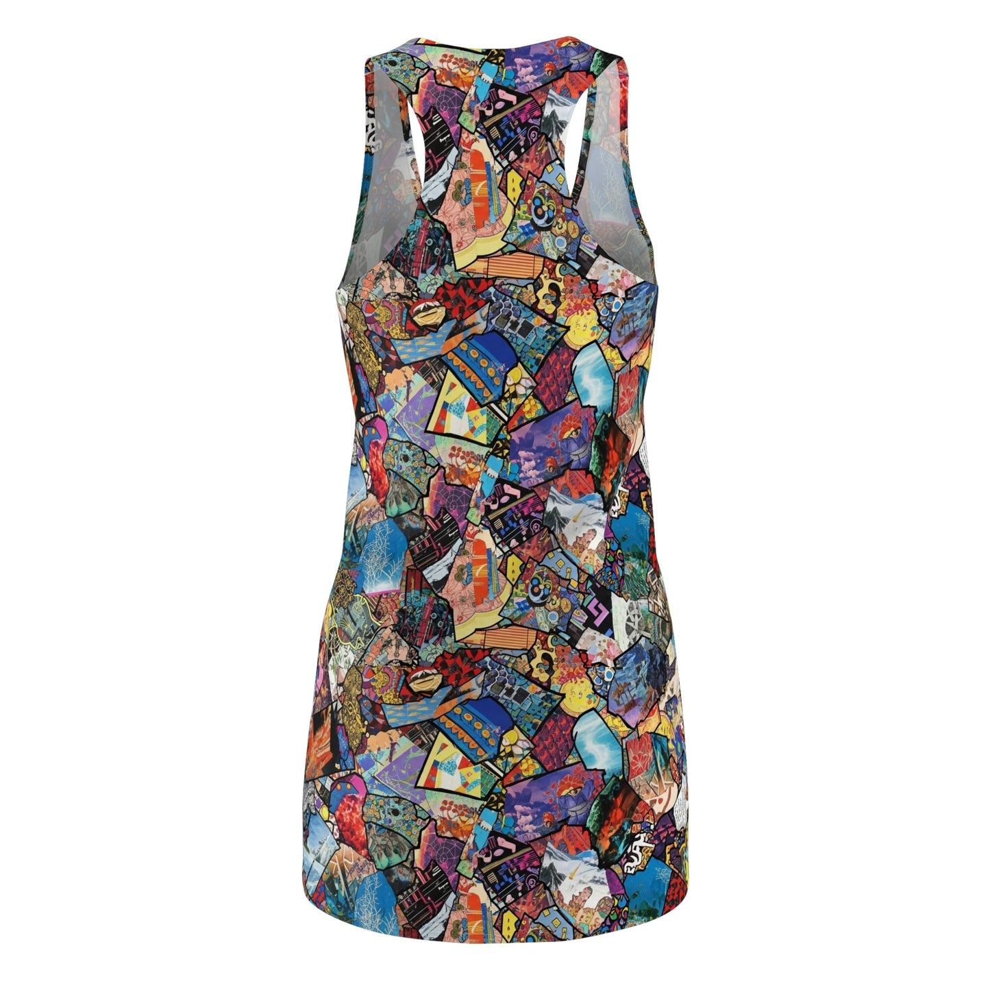 Mosaic Carnival Racerback Dress — Colorful Collage AOP Cut & Sew Bodycon for Festival Season