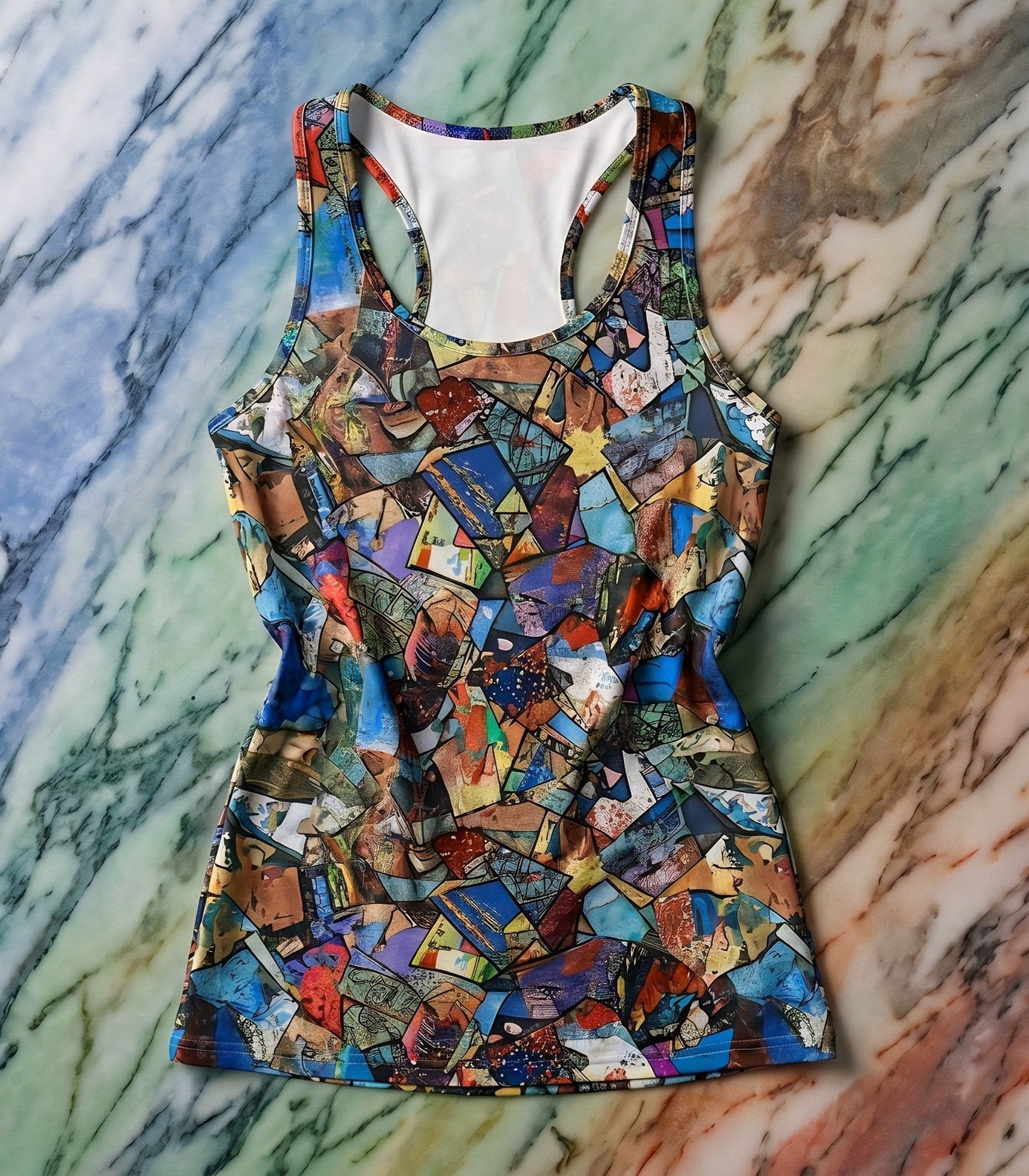 Mosaic Carnival Racerback Dress — Colorful Collage AOP Cut & Sew Bodycon for Festival Season