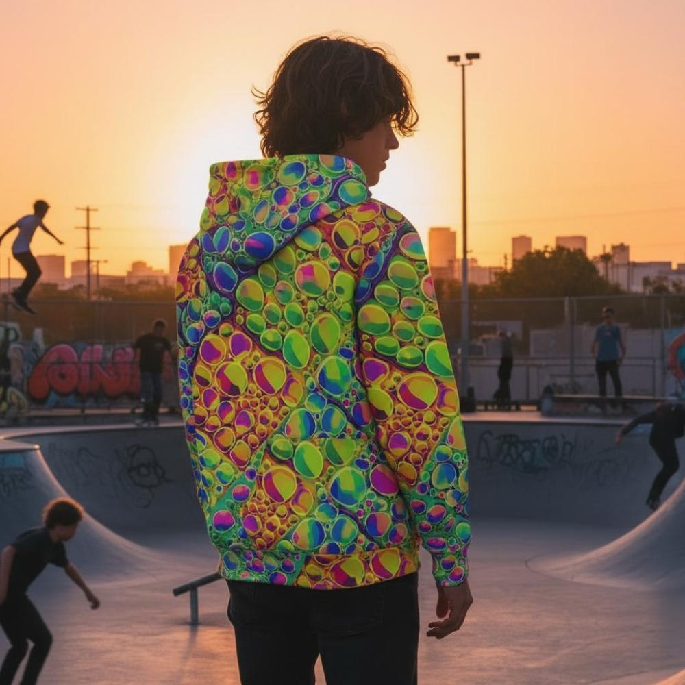 Neon Cellular Activity AOP Hoodie – Digital Acrylic Pour Streetwear