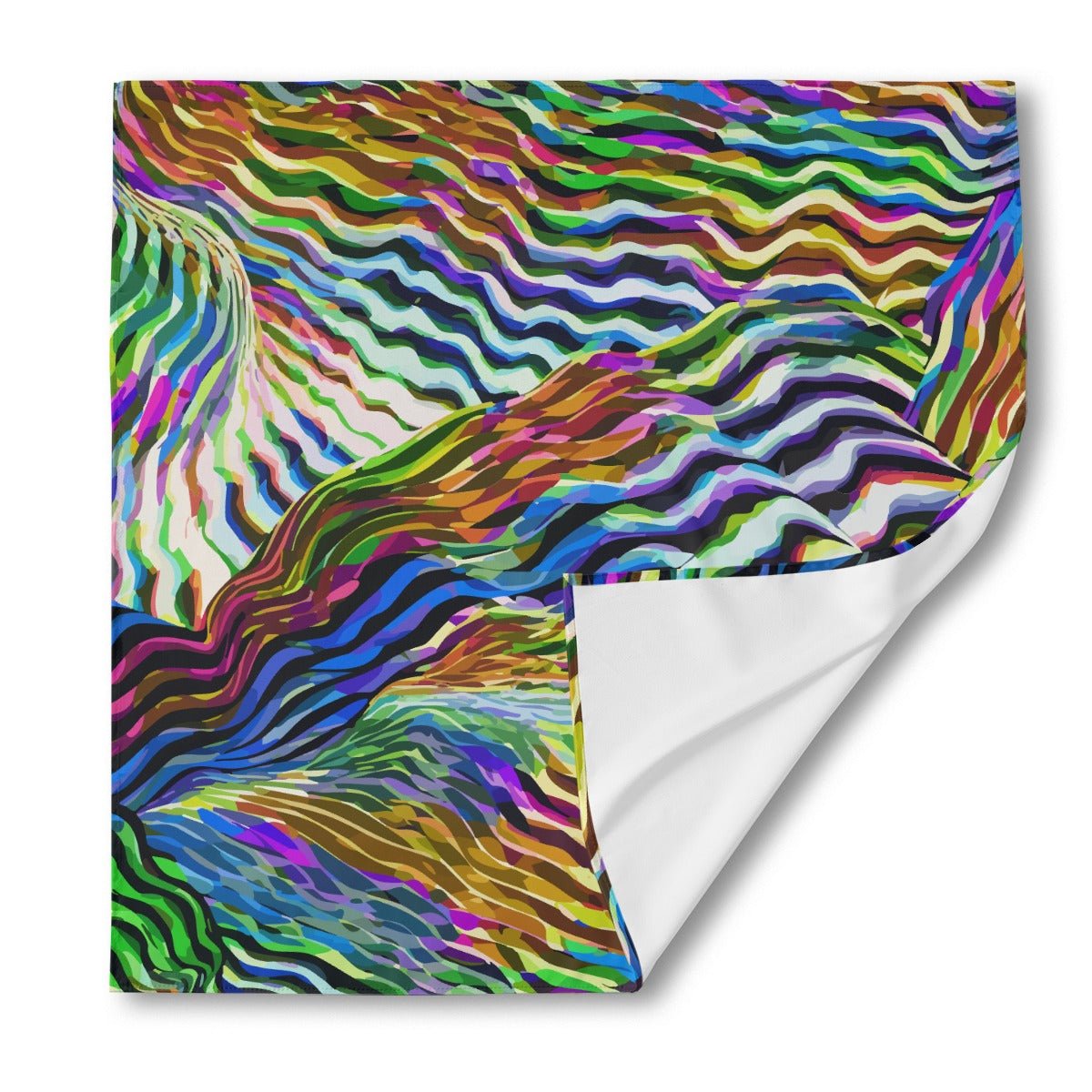 Neon Frequency Silk Bandana — Wavy Glitch Zebra Line AOP Square Scarf, Rave-Ready Accessory