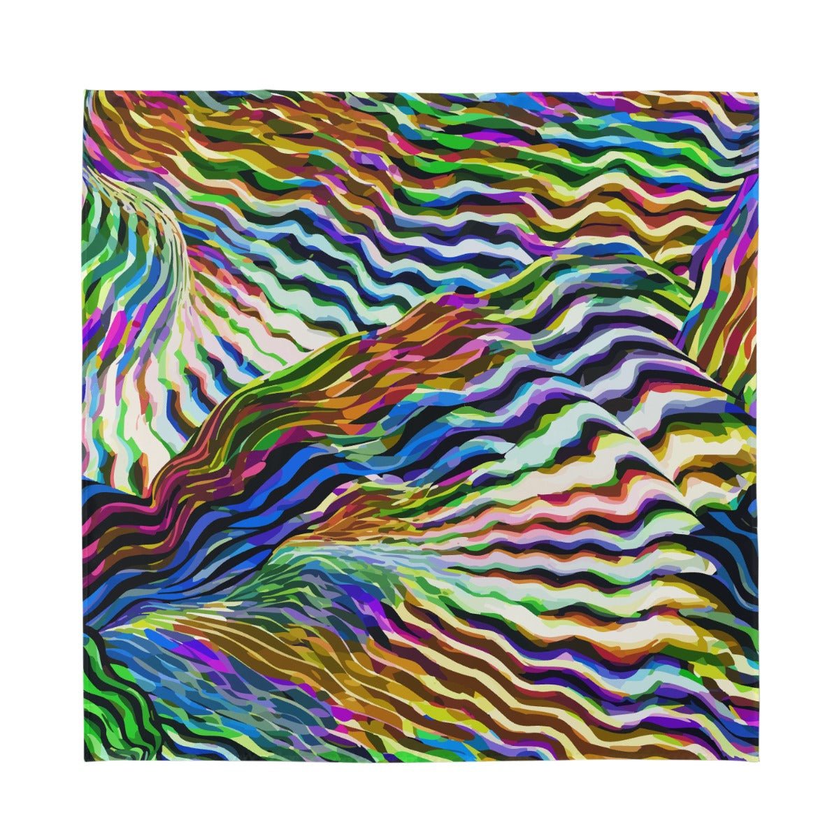 Neon Frequency Silk Bandana — Wavy Glitch Zebra Line AOP Square Scarf, Rave-Ready Accessory