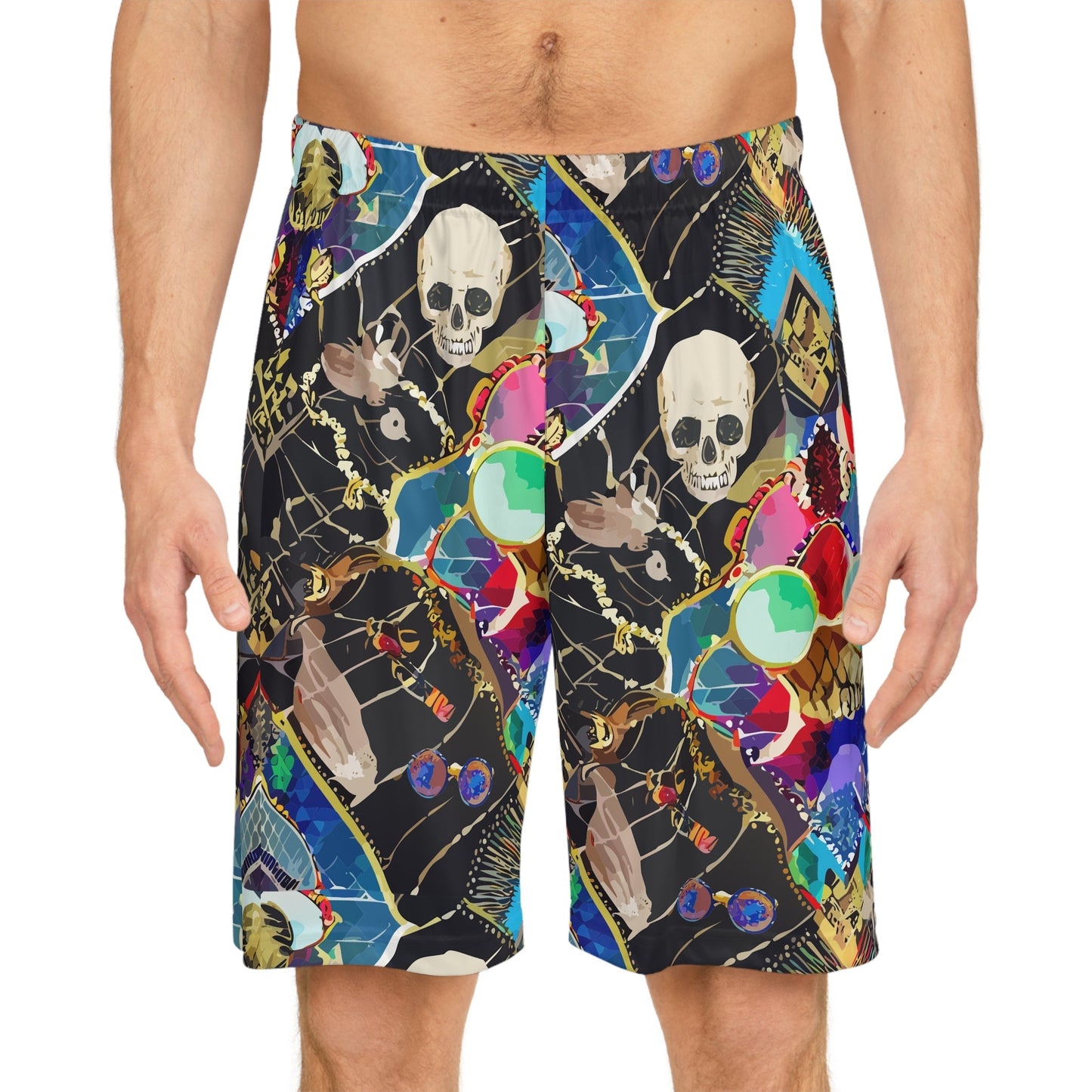 Neon Skeletal Mosaic AOP Shorts for Rave and Streetwear Collectors — Bold Retro Neon Athletic Basketball Shorts, Quick-Dry Festival Gym Activewear