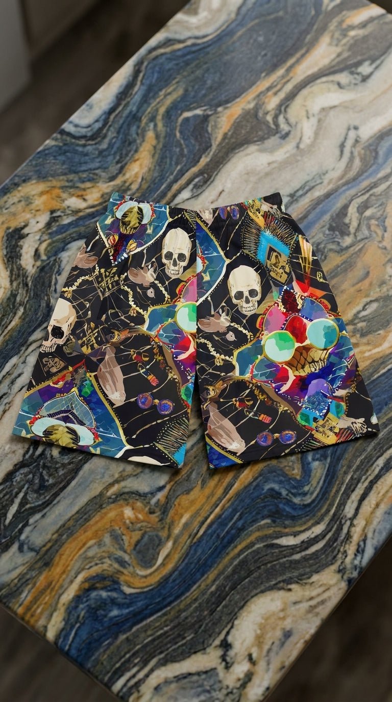 Neon Skeletal Mosaic AOP Shorts for Rave and Streetwear Collectors — Bold Retro Neon Athletic Basketball Shorts, Quick-Dry Festival Gym Activewear