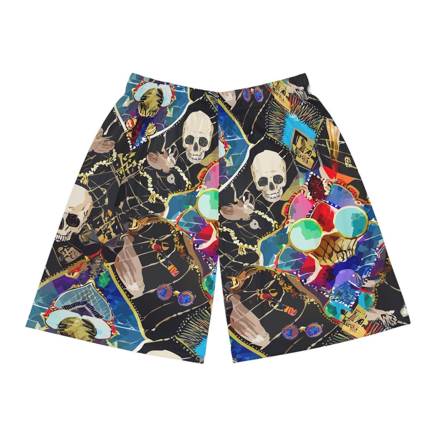 Neon Skeletal Mosaic AOP Shorts for Rave and Streetwear Collectors — Bold Retro Neon Athletic Basketball Shorts, Quick-Dry Festival Gym Activewear