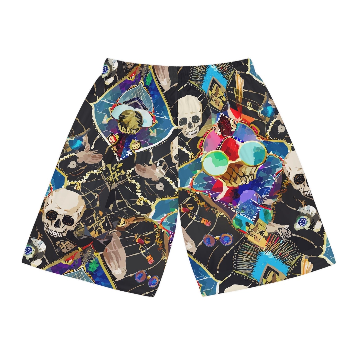Neon Skeletal Mosaic AOP Shorts for Rave and Streetwear Collectors — Bold Retro Neon Athletic Basketball Shorts, Quick-Dry Festival Gym Activewear