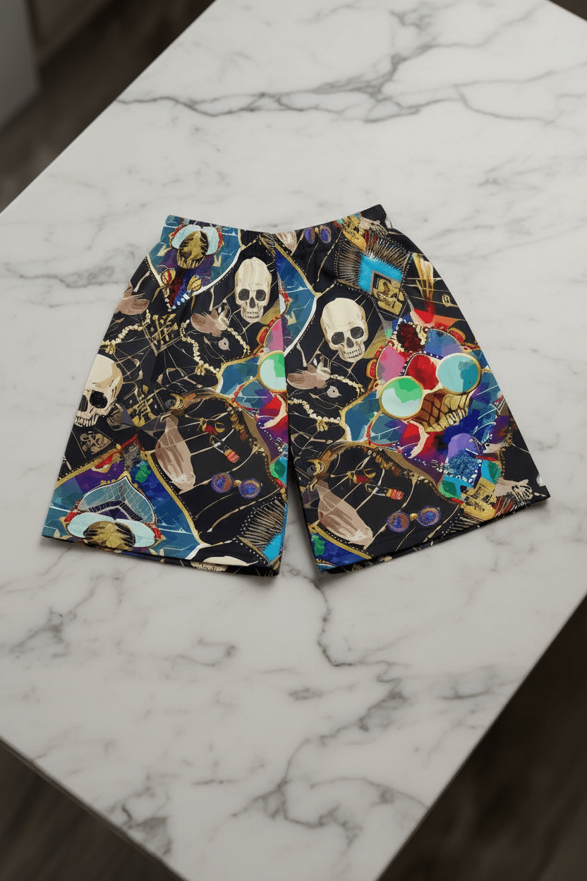 Neon Skeletal Mosaic AOP Shorts for Rave and Streetwear Collectors — Bold Retro Neon Athletic Basketball Shorts, Quick-Dry Festival Gym Activewear