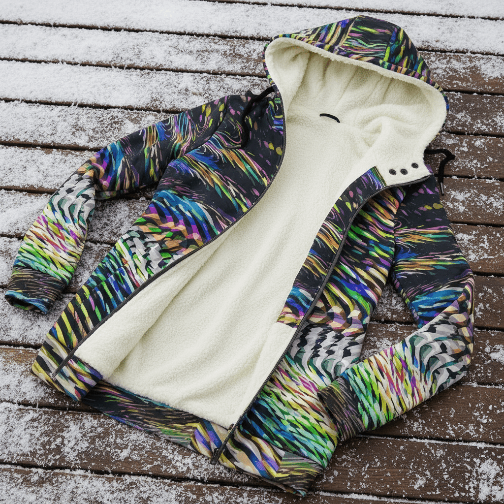 Neon Snow Hoodie for Cold-Weather Maximalists — Psychedelic Winter AOP, Recycled Polyester Eco Hoodie, Ski Lodge Statement