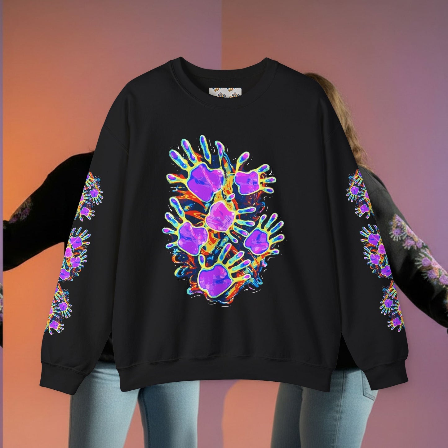 Neon Splat Crest Crewneck — Heavy Blend Navy Sweatshirt with Psychedelic Graffiti Chest Print
