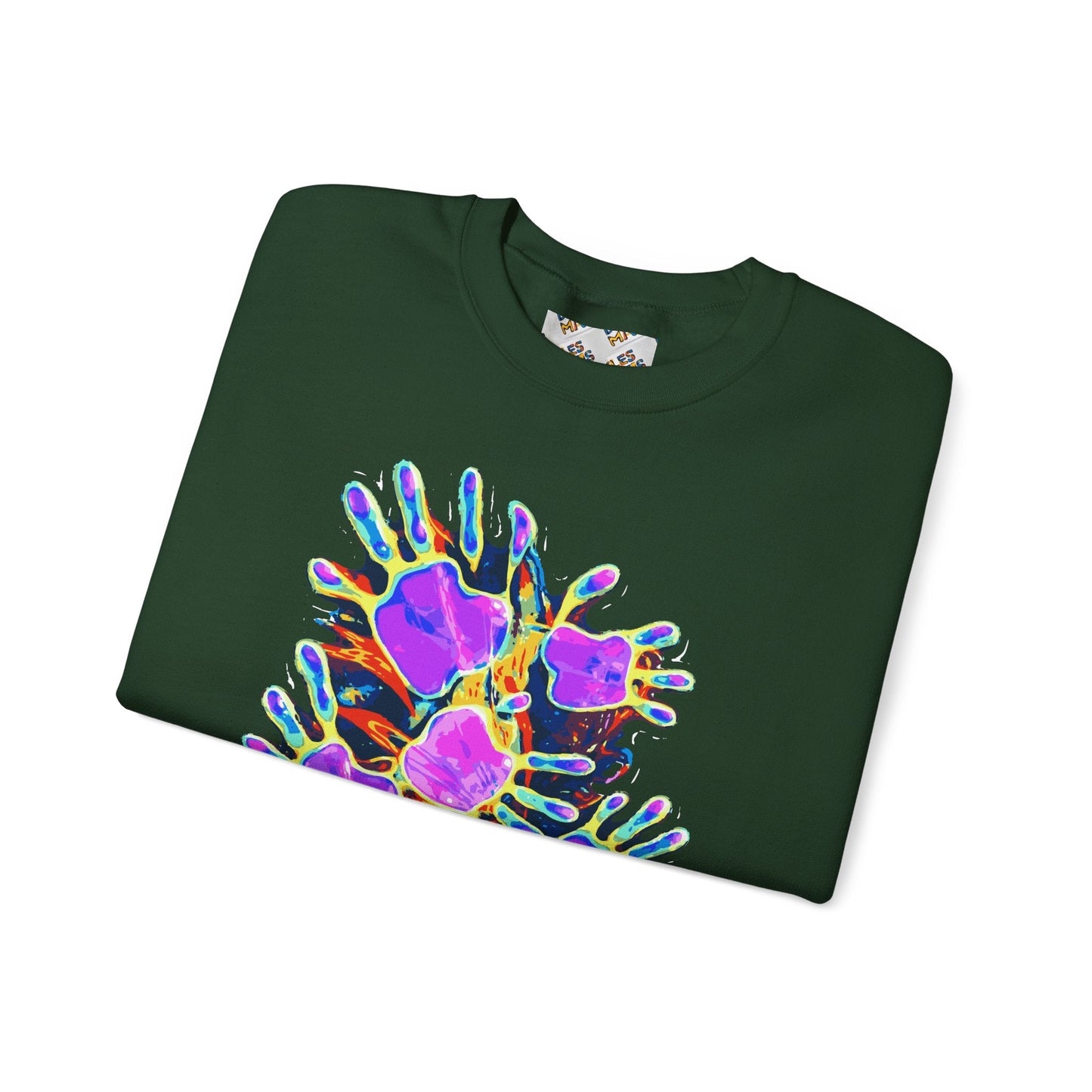 Neon Splat Crest Crewneck — Heavy Blend Navy Sweatshirt with Psychedelic Graffiti Chest Print