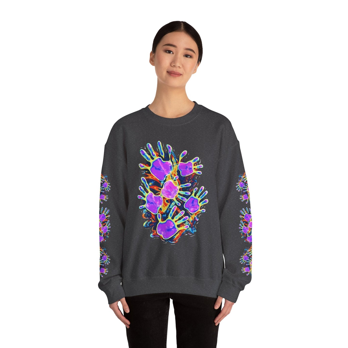 Neon Splat Crest Crewneck — Heavy Blend Navy Sweatshirt with Psychedelic Graffiti Chest Print