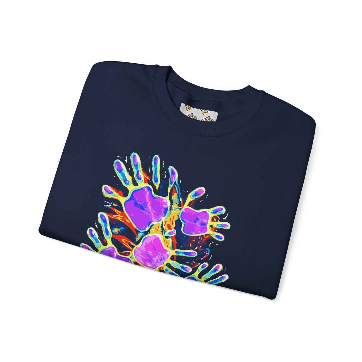 Neon Splat Crest Crewneck — Heavy Blend Navy Sweatshirt with Psychedelic Graffiti Chest Print