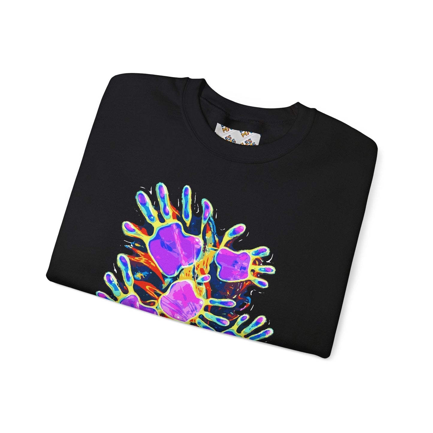 Neon Splat Crest Crewneck — Heavy Blend Navy Sweatshirt with Psychedelic Graffiti Chest Print