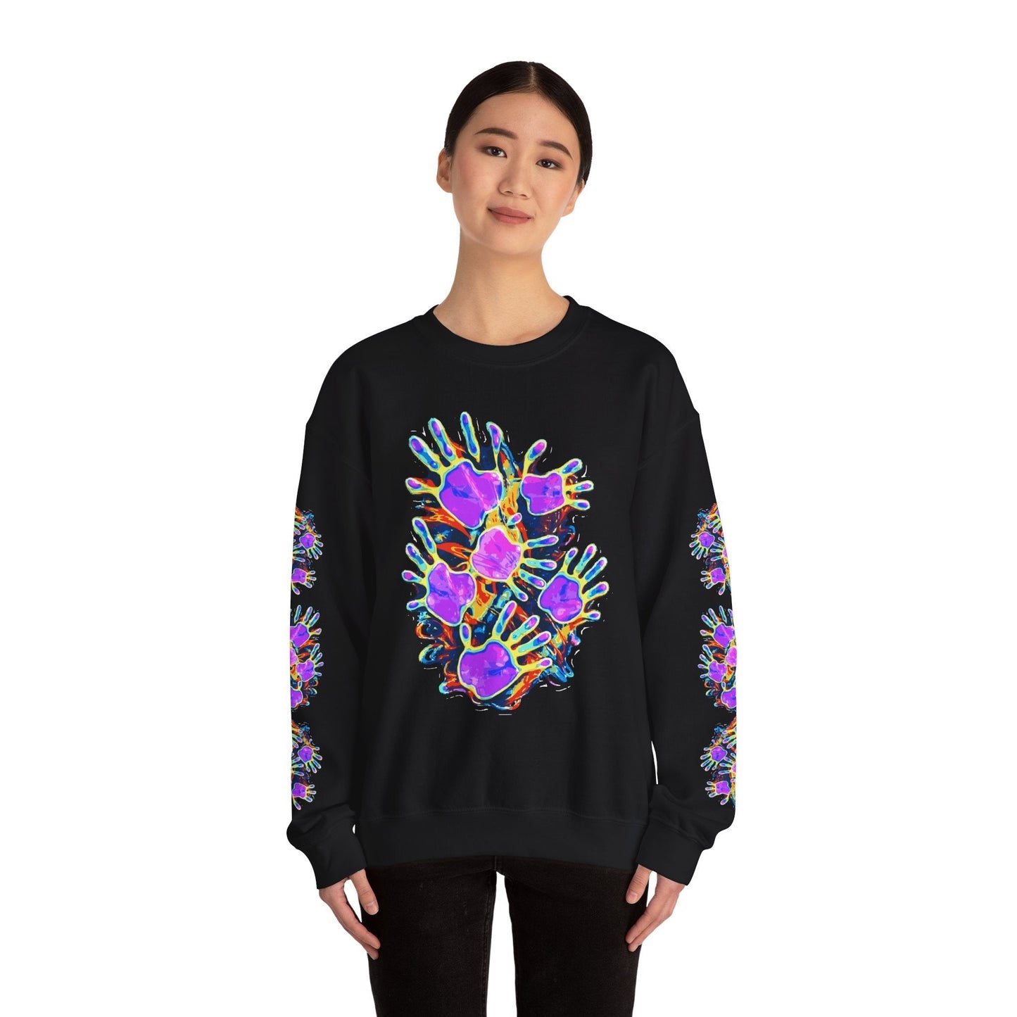 Neon Splat Crest Crewneck — Heavy Blend Navy Sweatshirt with Psychedelic Graffiti Chest Print