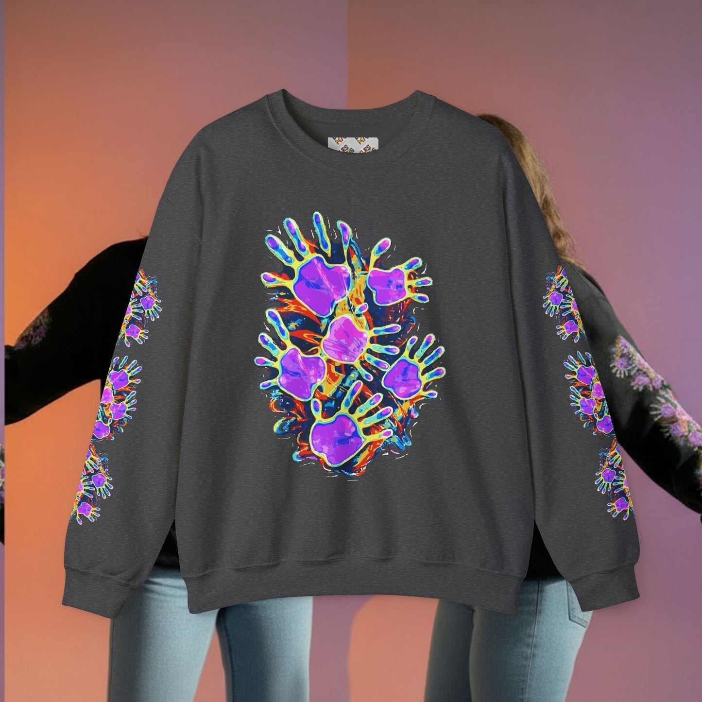 Neon Splat Crest Crewneck — Heavy Blend Navy Sweatshirt with Psychedelic Graffiti Chest Print