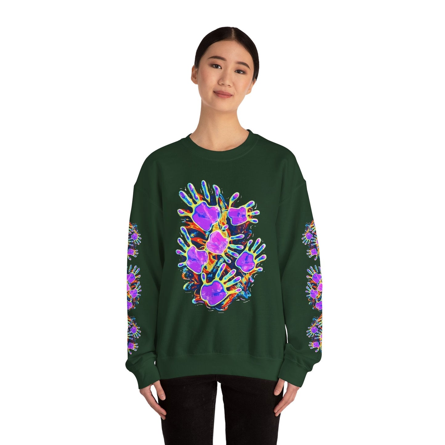 Neon Splat Crest Crewneck — Heavy Blend Navy Sweatshirt with Psychedelic Graffiti Chest Print