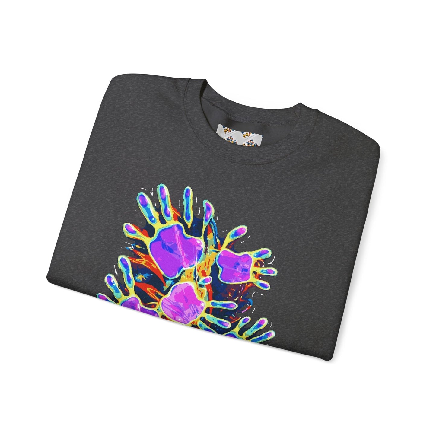 Neon Splat Crest Crewneck — Heavy Blend Navy Sweatshirt with Psychedelic Graffiti Chest Print