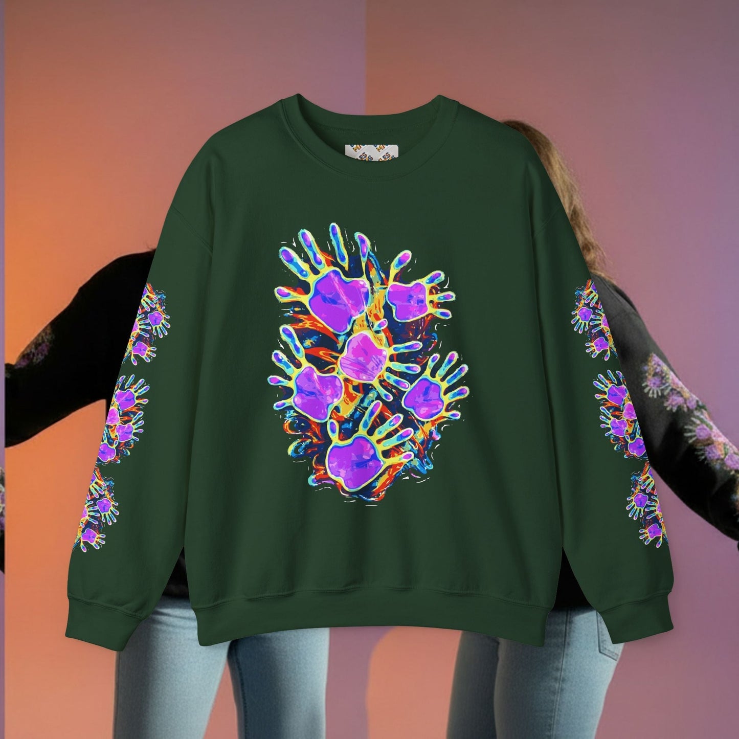 Neon Splat Crest Crewneck — Heavy Blend Navy Sweatshirt with Psychedelic Graffiti Chest Print