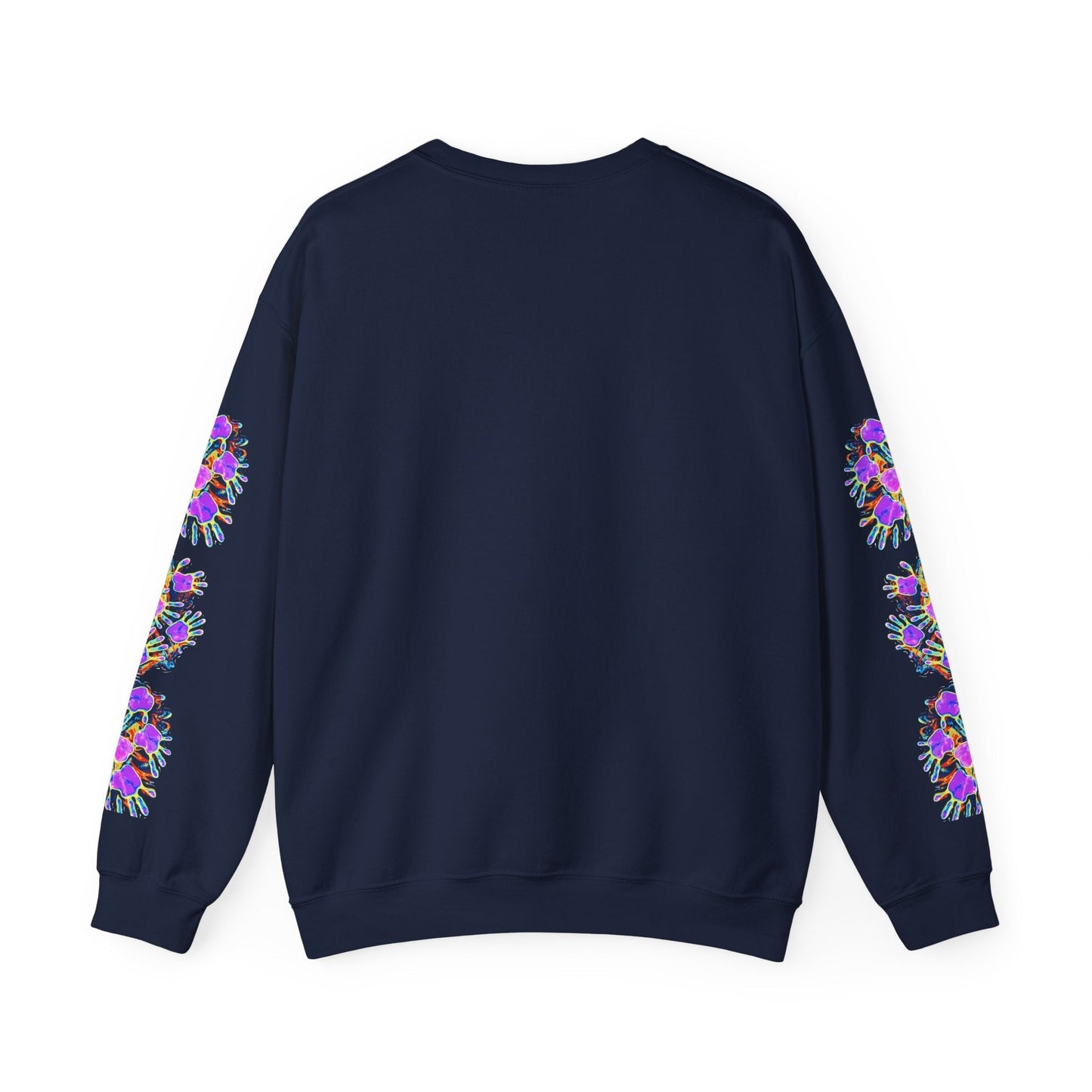 Neon Splat Crest Crewneck — Heavy Blend Navy Sweatshirt with Psychedelic Graffiti Chest Print