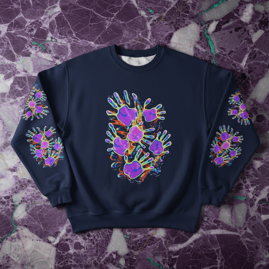Neon Splat Crest Crewneck — Heavy Blend Navy Sweatshirt with Psychedelic Graffiti Chest Print