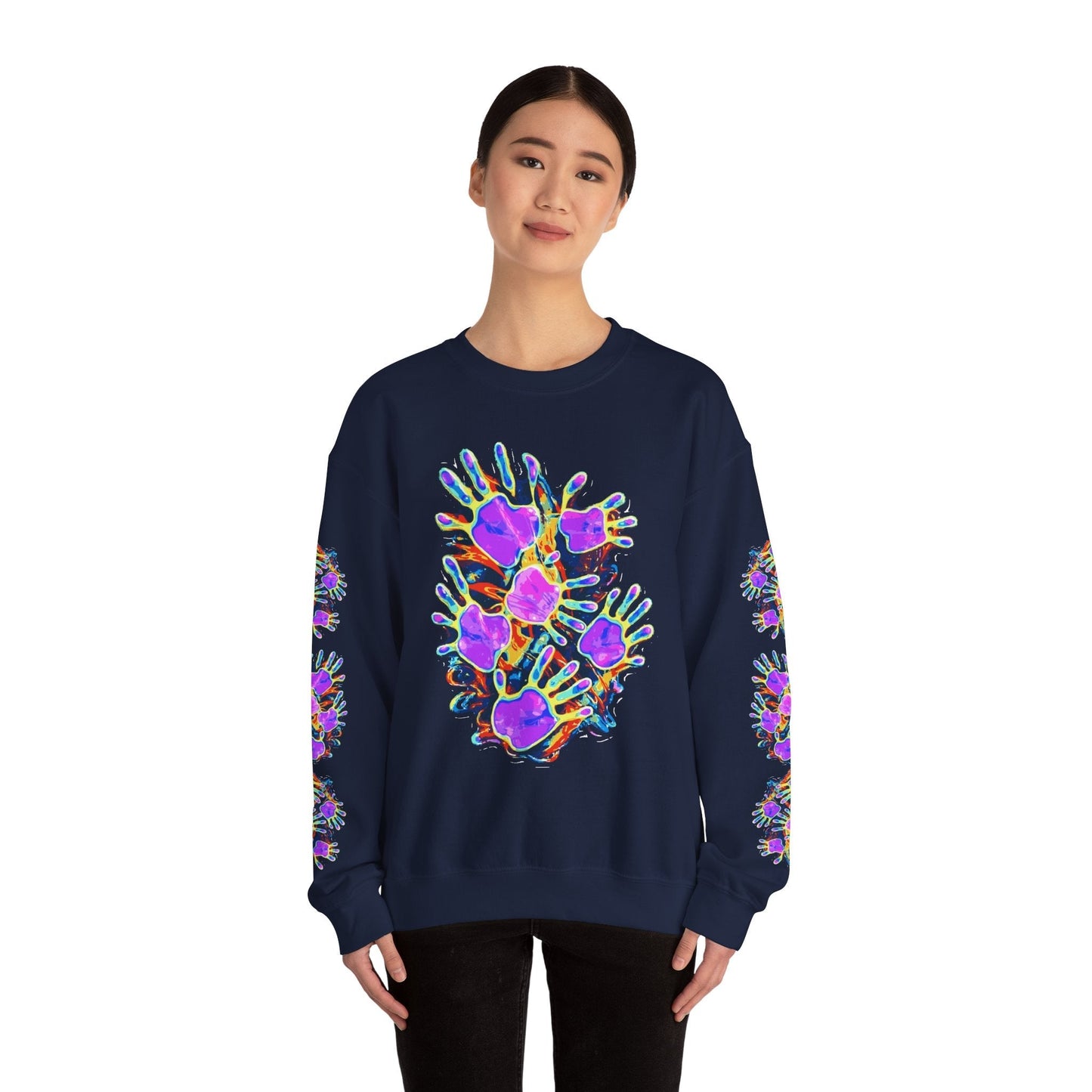 Neon Splat Crest Crewneck — Heavy Blend Navy Sweatshirt with Psychedelic Graffiti Chest Print