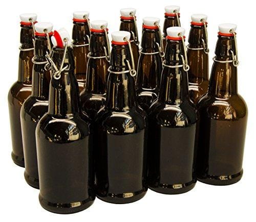 North Mountain Supply 16 oz Amber Glass Grolsch-Style Beer Brewing Fermenting Bottles - with Ceramic Swing Top Caps - Case of 12