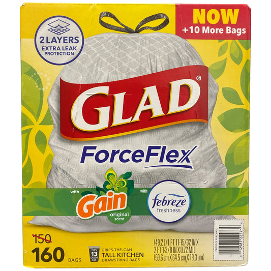 Glad ForceFlex 13-Gal Kitchen Trash Bags, Gain Original Scent + Febreze, 160ct