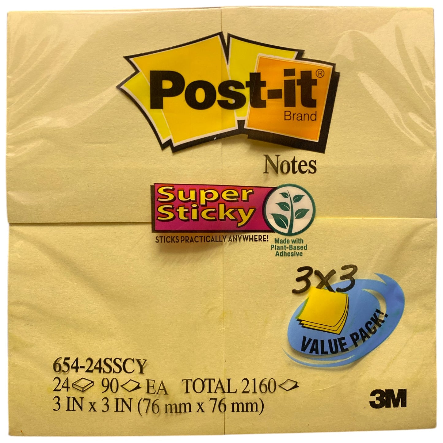 Post-it Notes Super Sticky Pads, 3" x 3", Canary Yellow, 24 Pads, 2,160 Sheets
